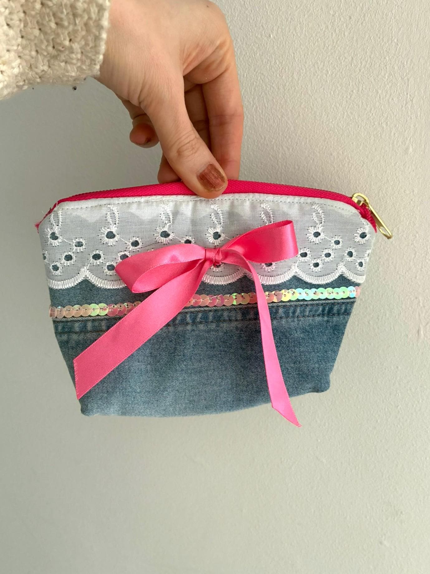 Denim Bow Cosmetic Pouch