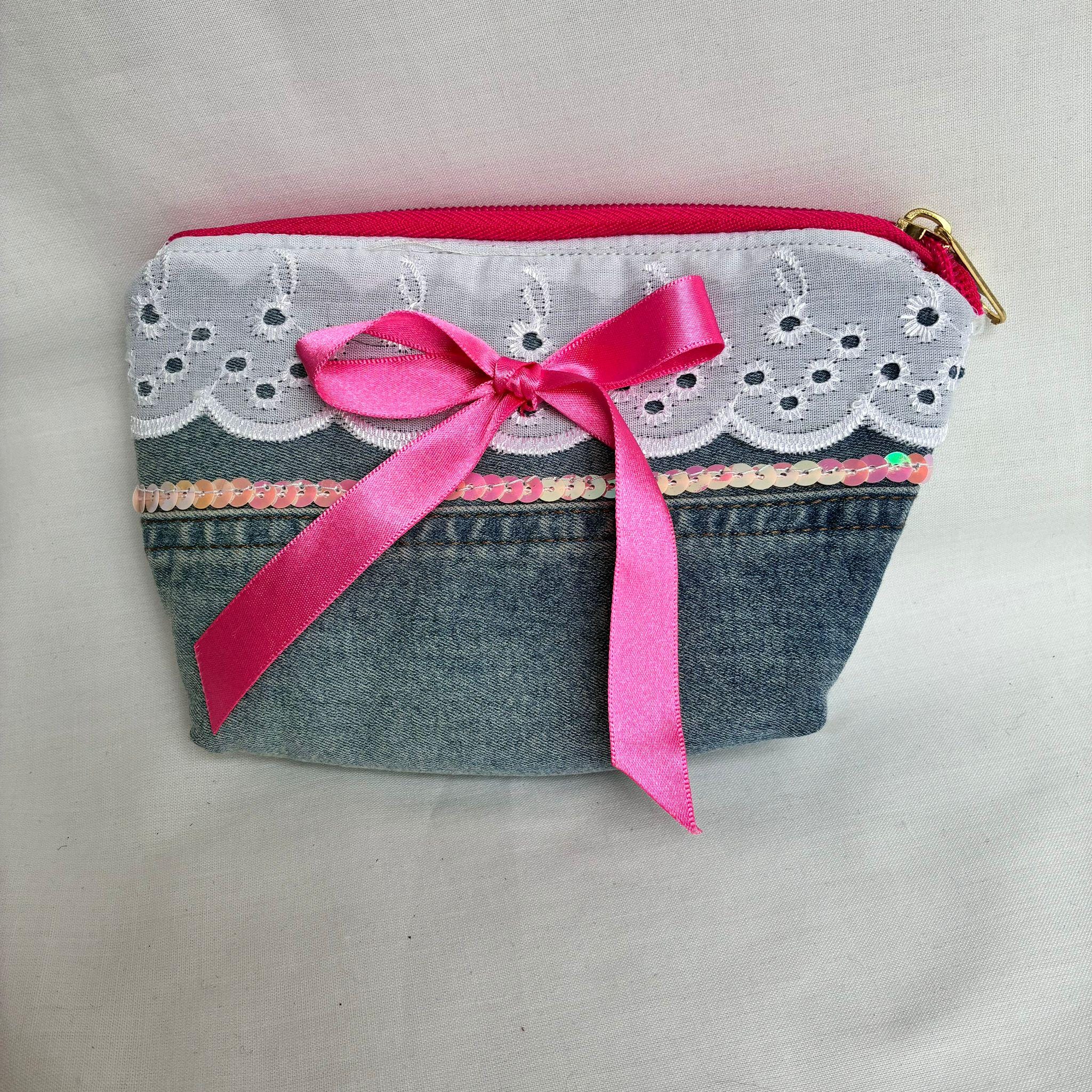 Denim Bow Cosmetic Pouch