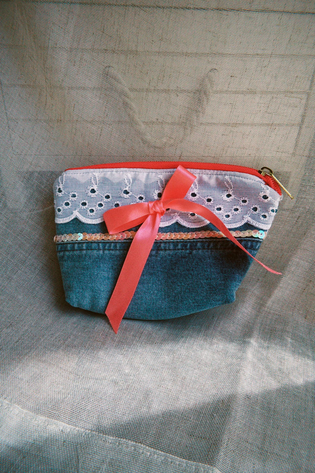 Denim Bow Cosmetic Pouch