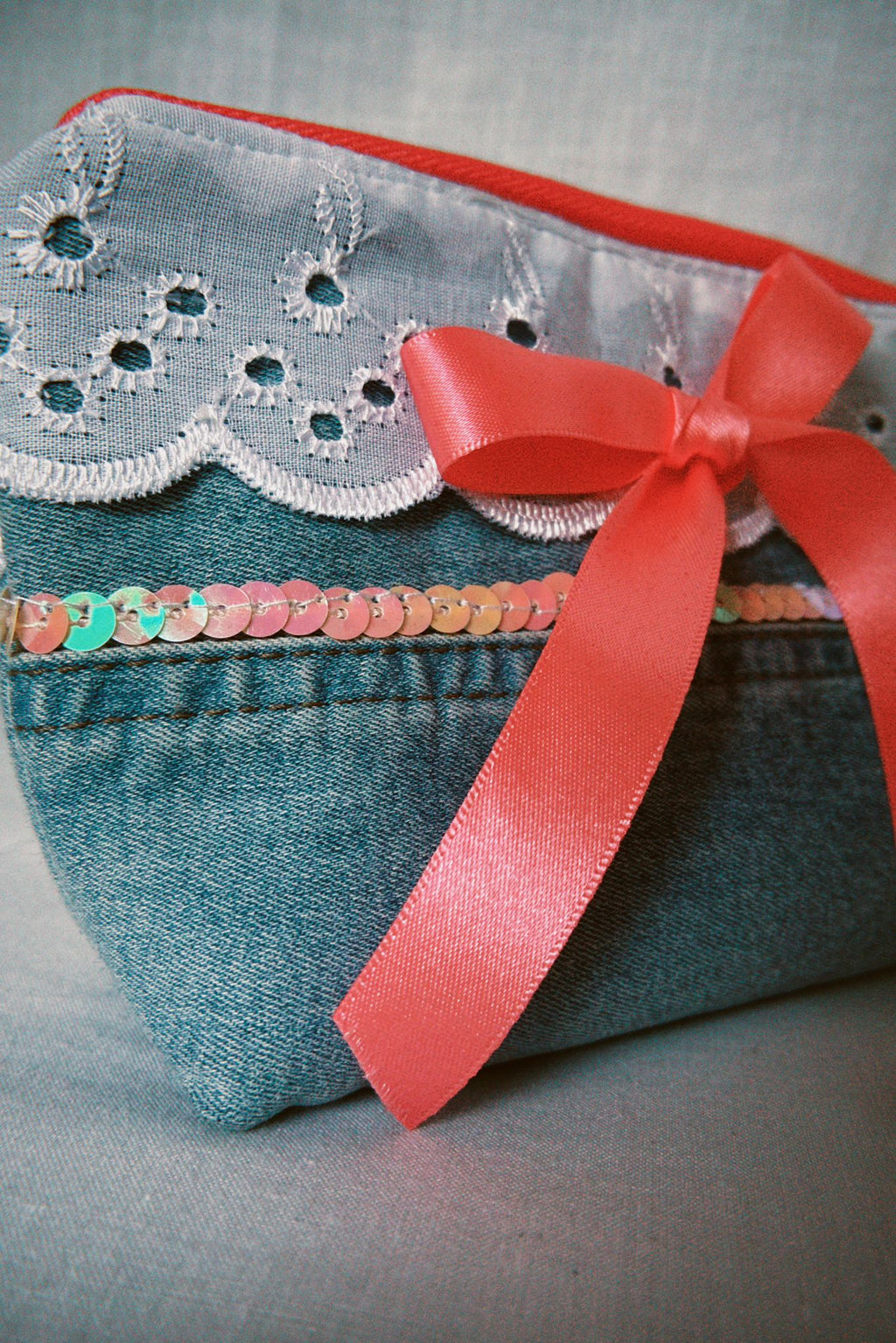 Denim Bow Cosmetic Pouch