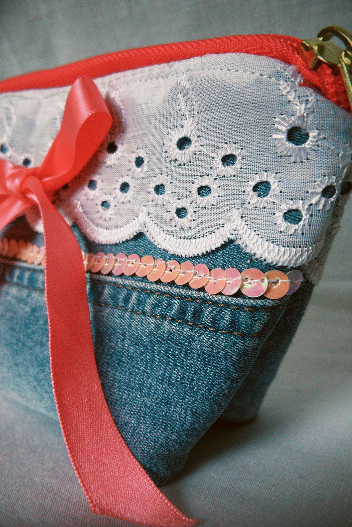 Denim Bow Cosmetic Pouch