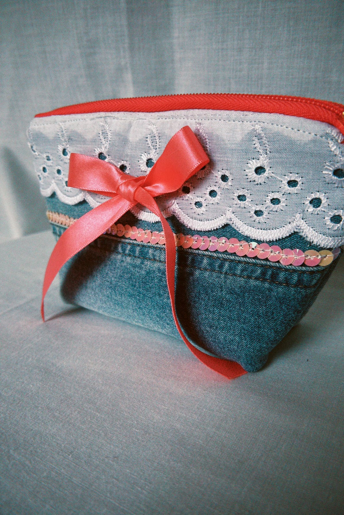 Denim Bow Cosmetic Pouch