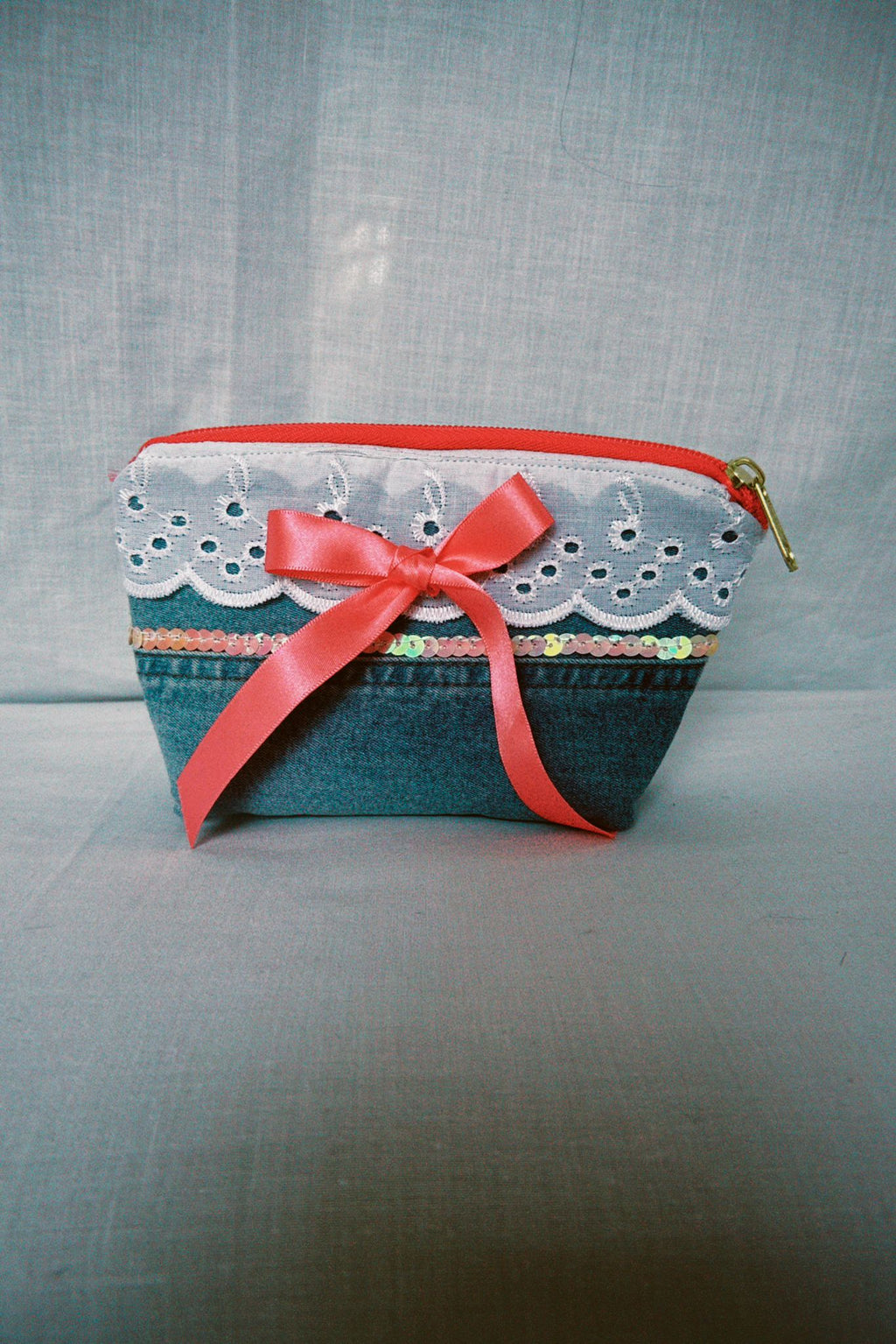 Denim Bow Cosmetic Pouch