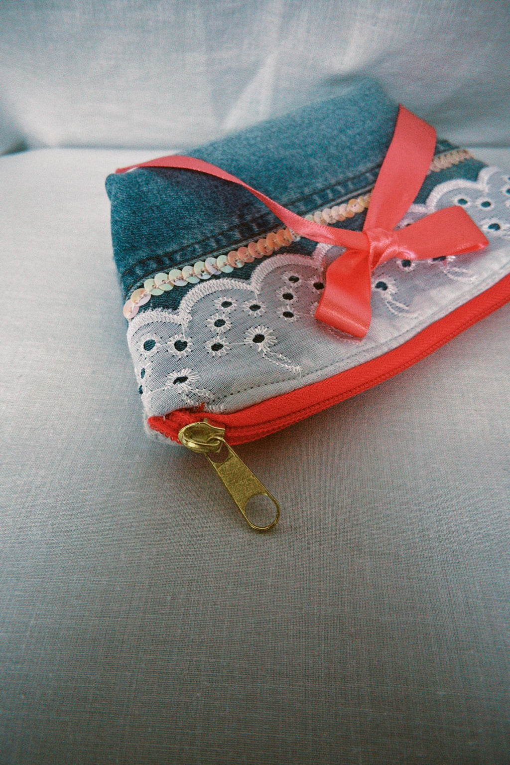 Denim Bow Cosmetic Pouch
