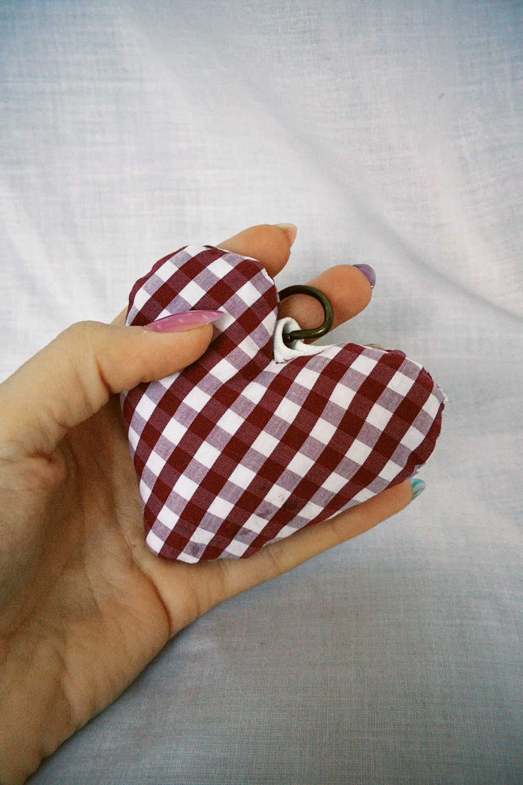 Burgundy Gingham Scrappy Heart Keyring