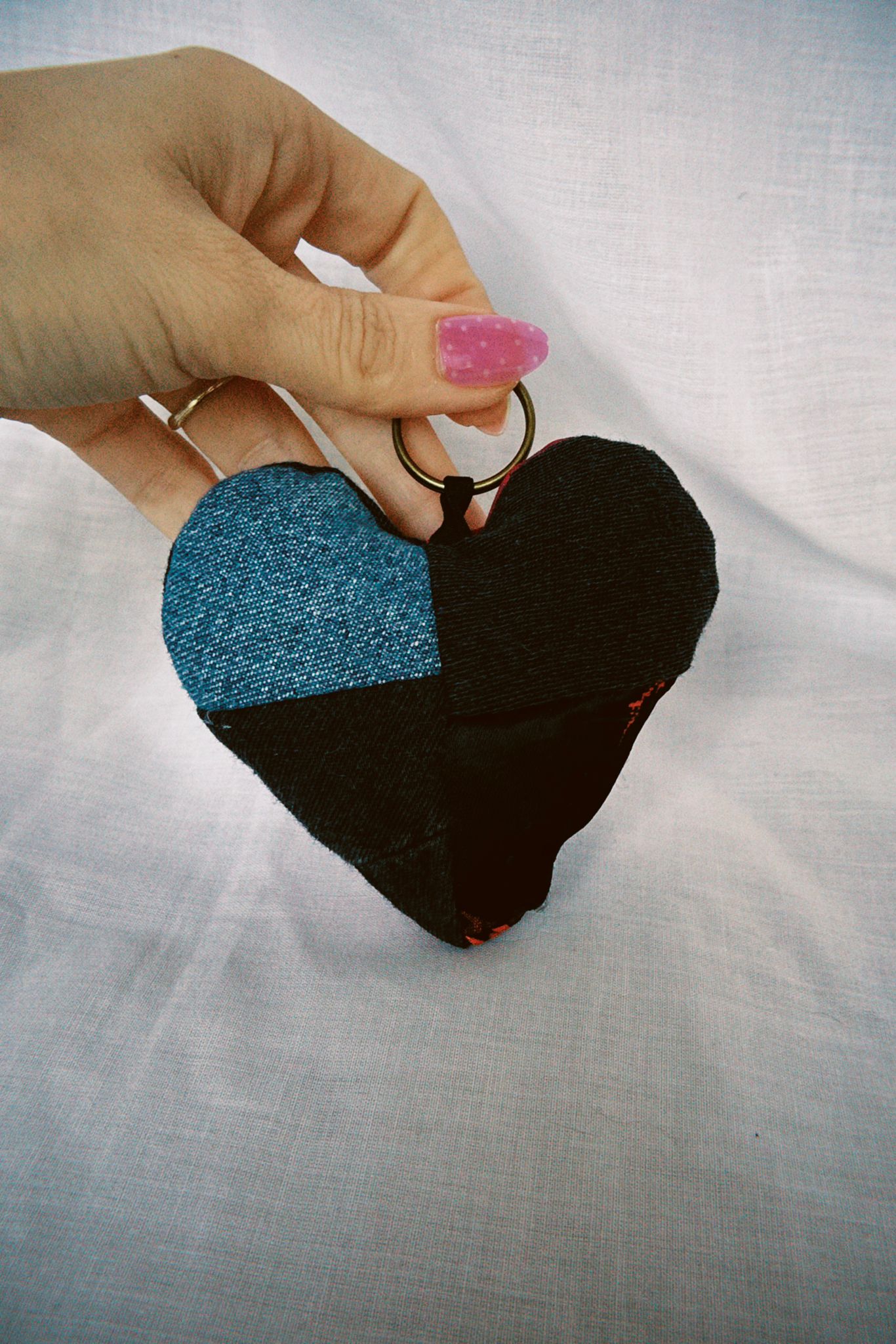 Denim Patchwork Scrappy Heart Keyring
