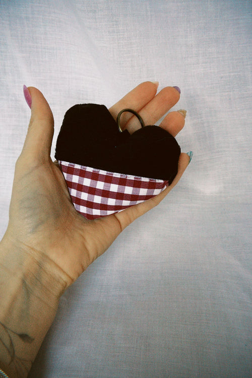 Brown Corduroy Gingham Scrappy Heart Keyring