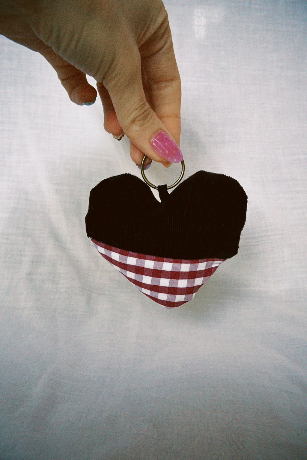 Brown Corduroy Gingham Scrappy Heart Keyring