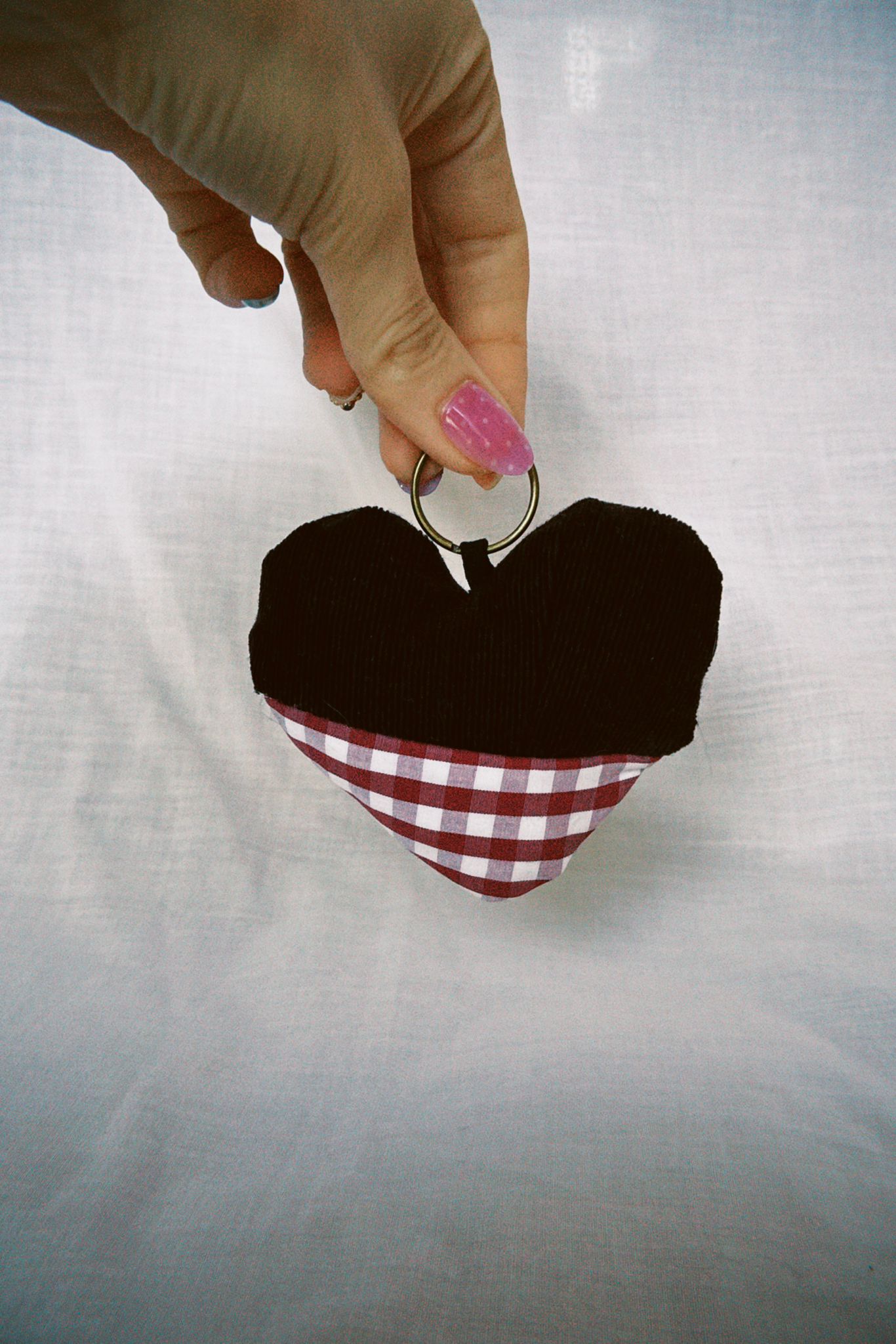Brown Corduroy Gingham Scrappy Heart Keyring