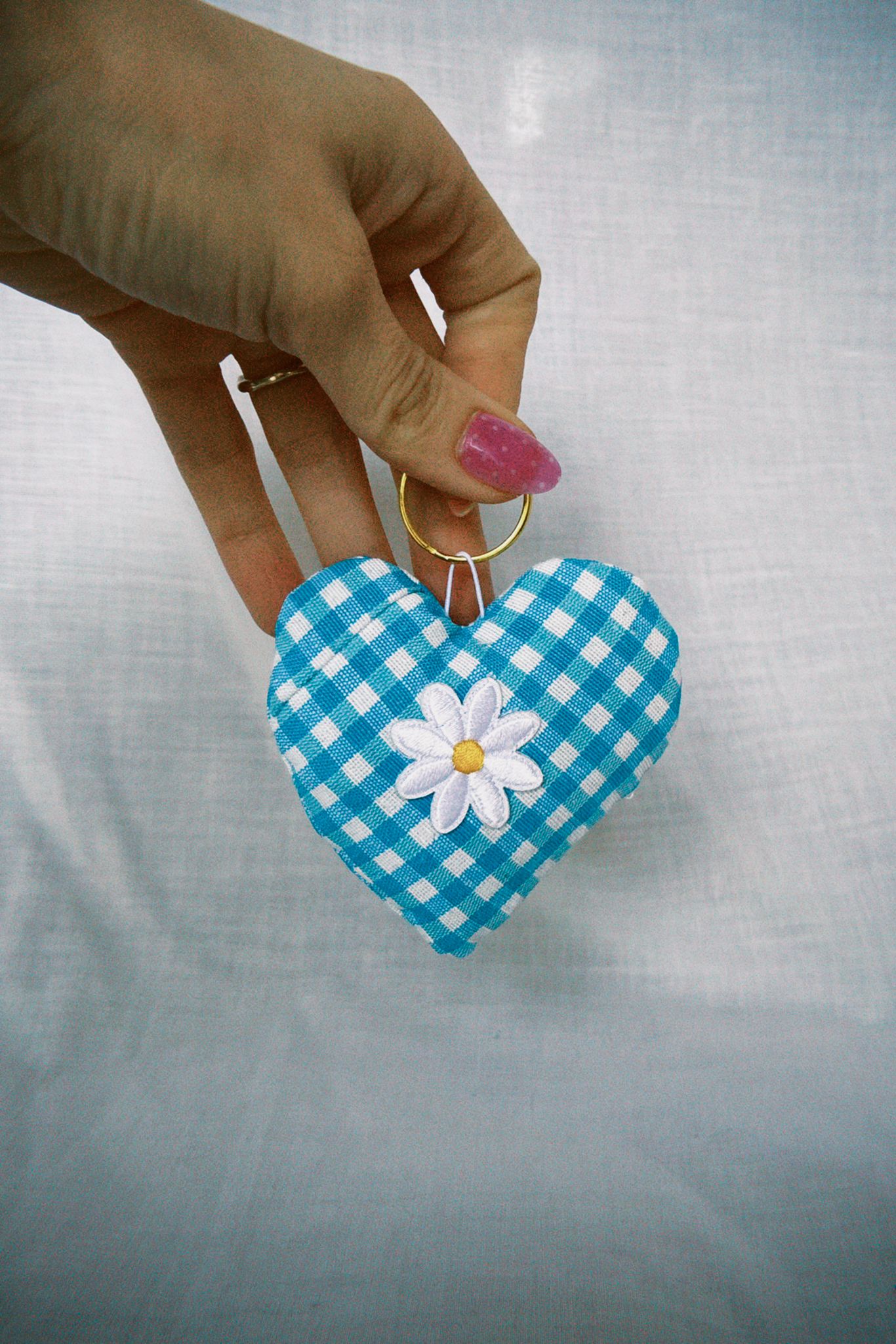 Blue Gingham Daisy Scrappy Heart Keyring
