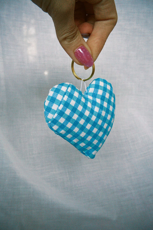 Blue Gingham Daisy Scrappy Heart Keyring